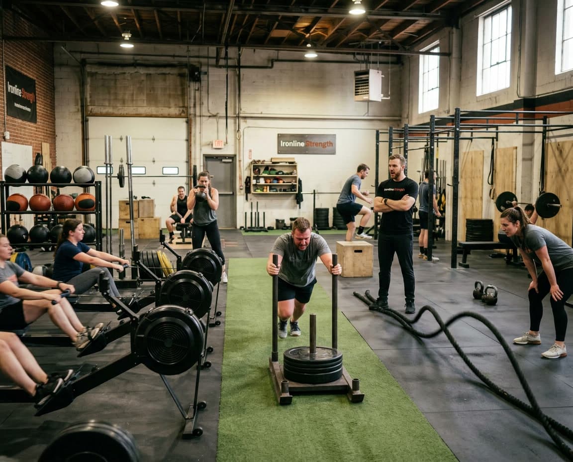 Conditioning class mid-workout, high energy