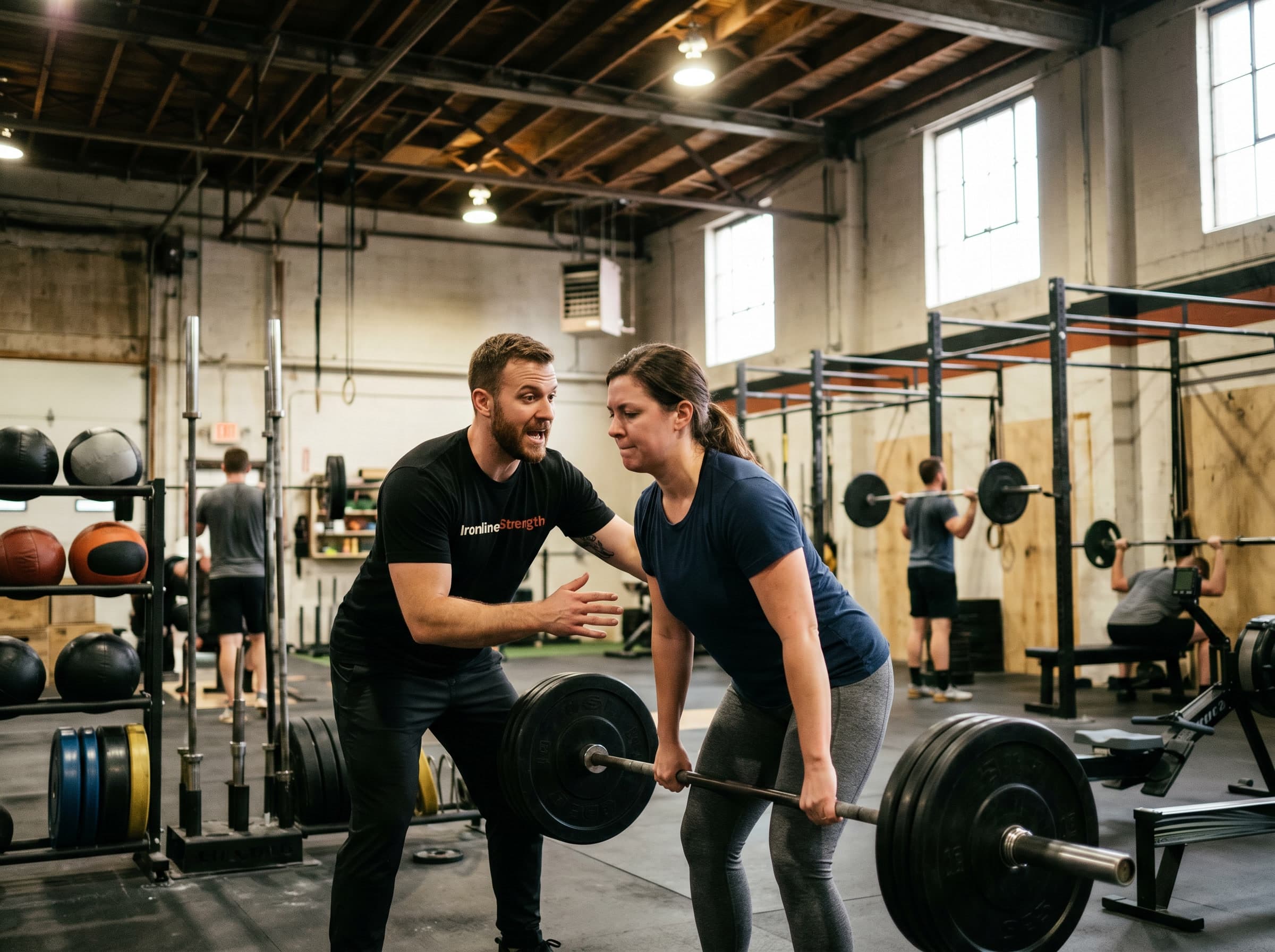 Gym floor + members training, energetic and mid-session