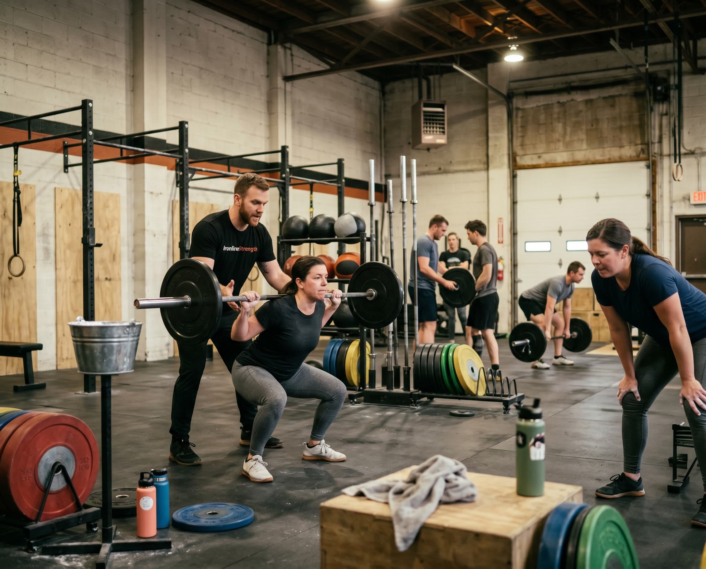Small-group strength session, coach spotting a lift