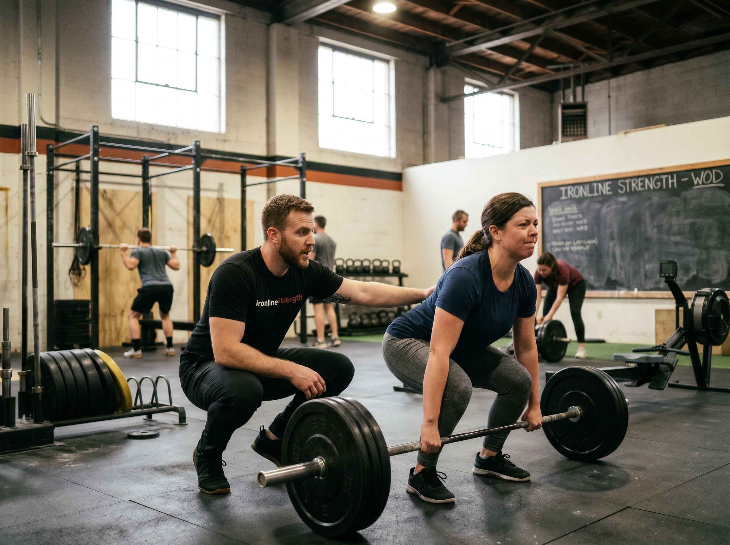 Trainer coaching a member through a lift, one-on-one